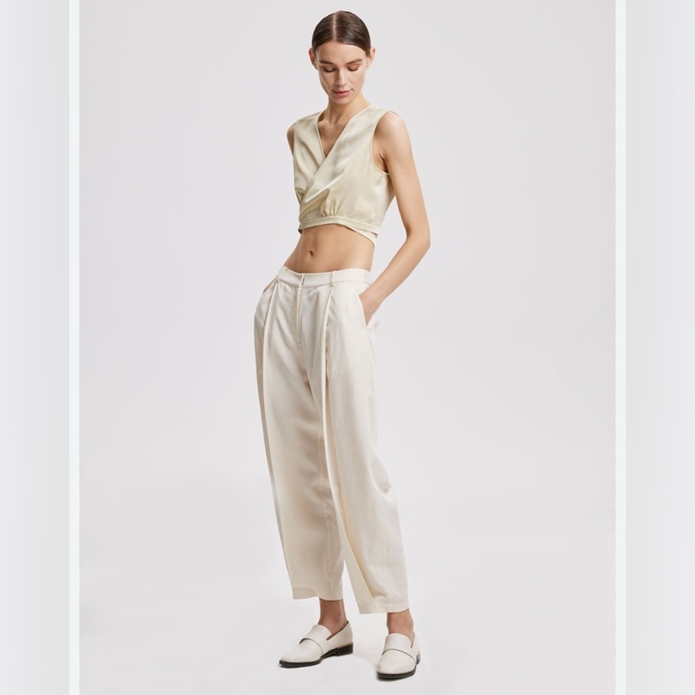 NWT Lattelier Linen Blend Tapered Trouser Pants Pleated Off White Small Preppy